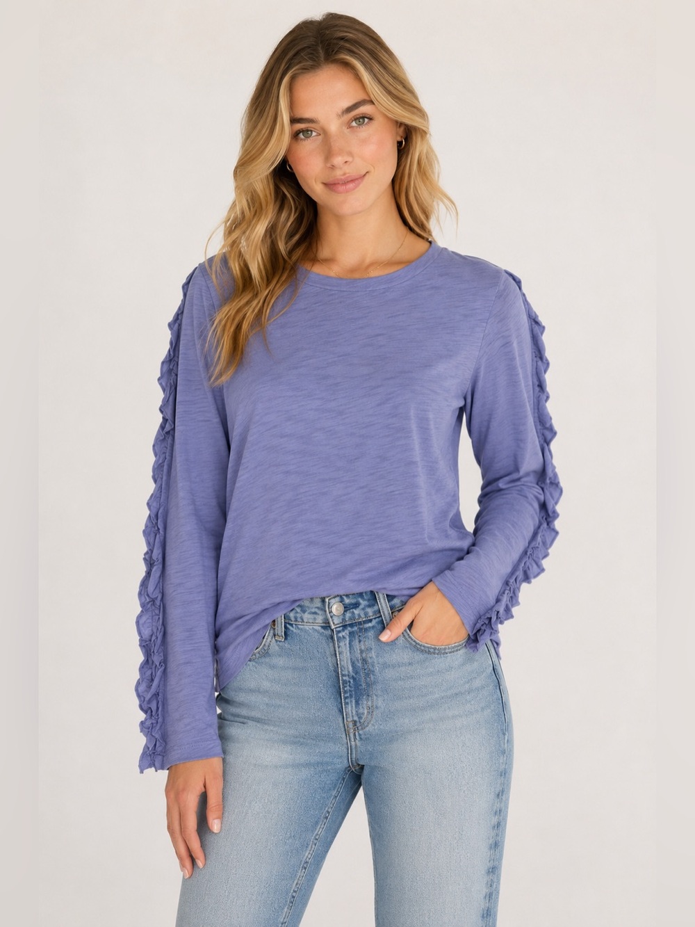 Goldie Lewinter Lavender Ruffle Sleeve Slub Knit Long Sleeve Tee S Cotton Peru